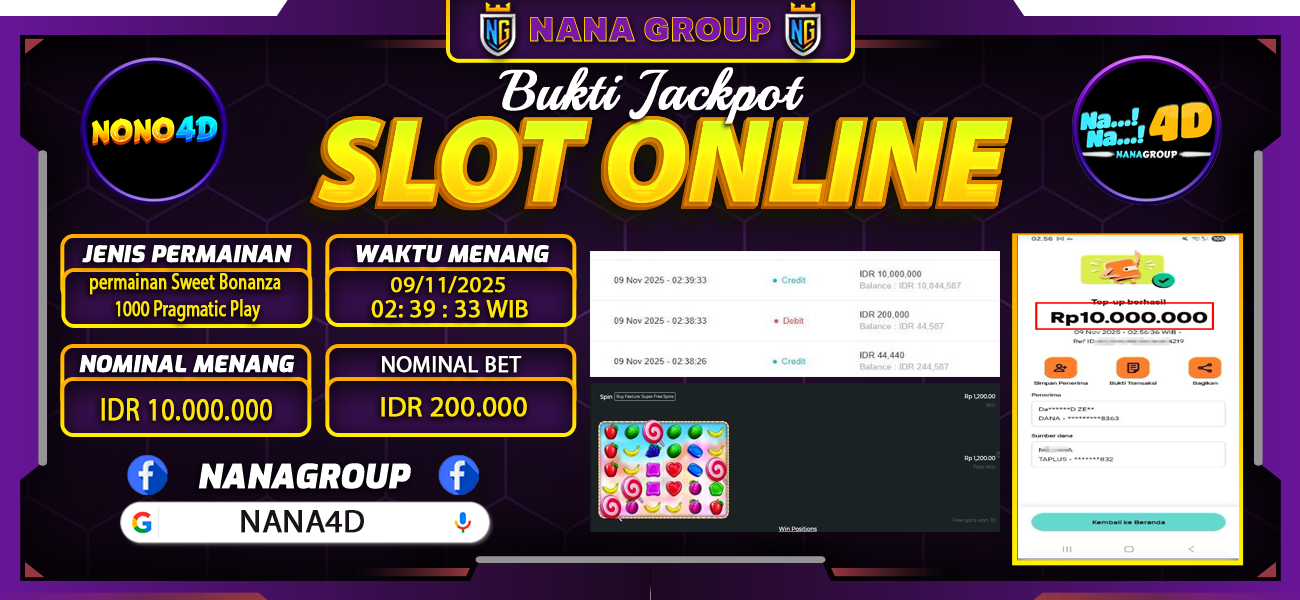 Bukti Kemenangan Besar Dibayar lunas Member NONO4D RP 10.000.000, 10 November 2025